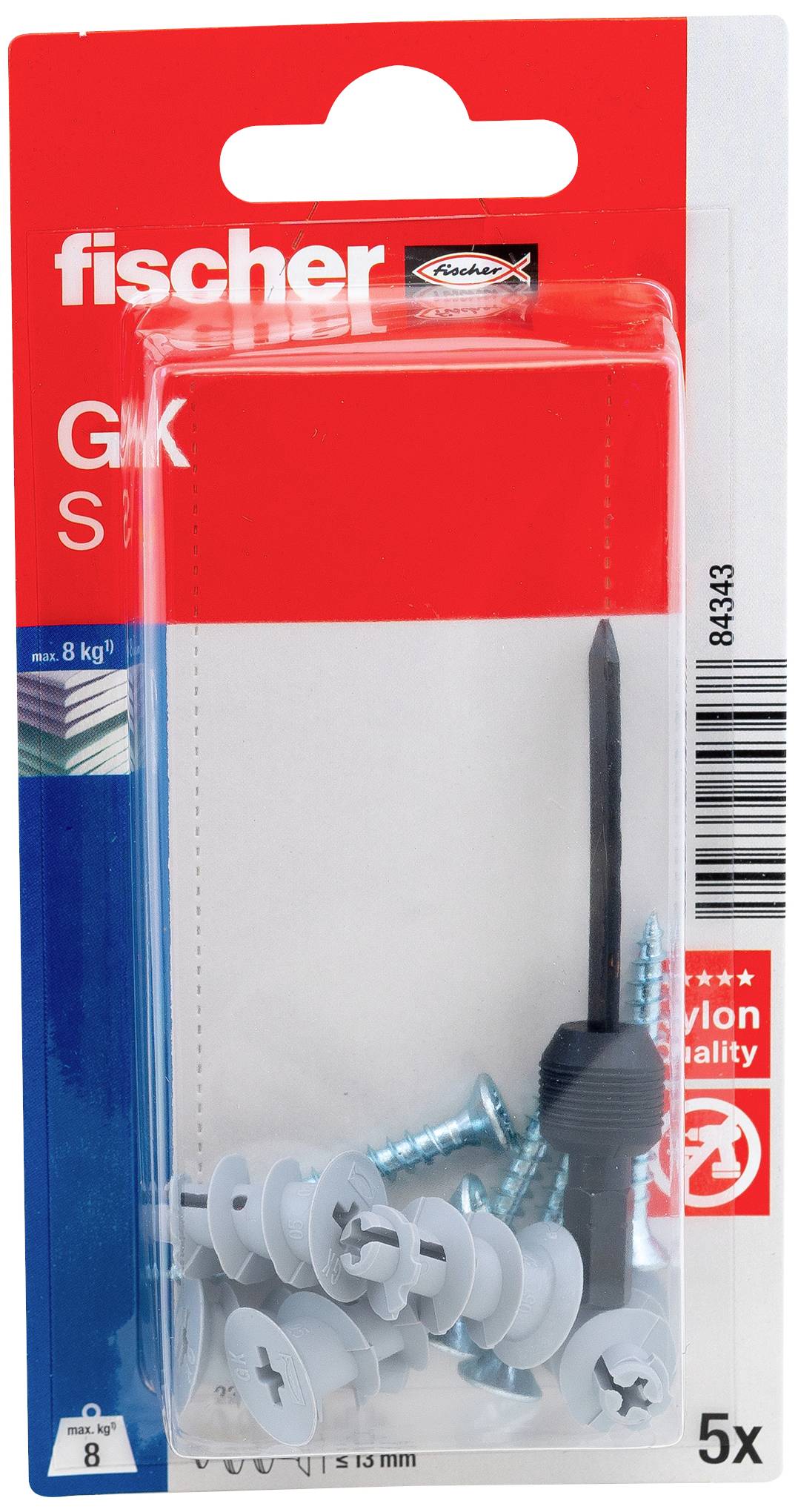 Packaging containing Fischer plasterboard plugs and screws. Includes 5 pieces. Suitable for fixings in dry-lined walls.