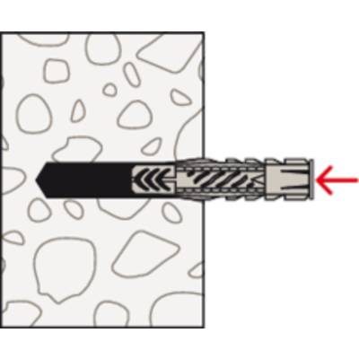 Diagram shows a wall plug fixing in a wall. An arrow points to the inserted wall plug seated in a hole.
