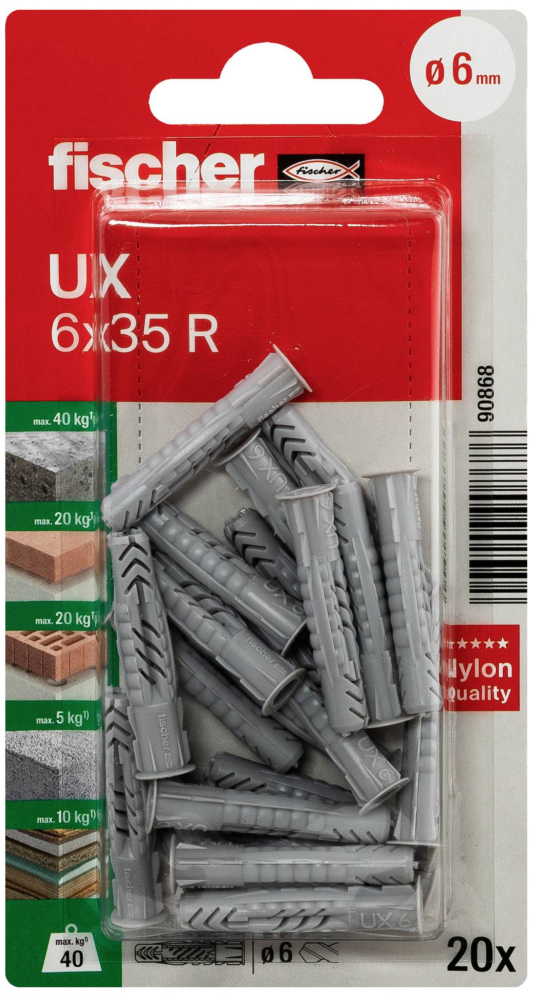 A pack of grey universal wall plugs by Fischer, model UX 6x35 R, suitable for various materials, pack of 20.