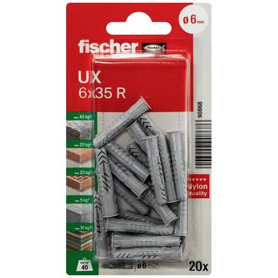 A pack of grey universal wall plugs by Fischer, model UX 6x35 R, suitable for various materials, pack of 20.