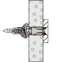 Cross-section of a wall plug system installed in a wall with insulation material. Shows the anchoring and screw path.