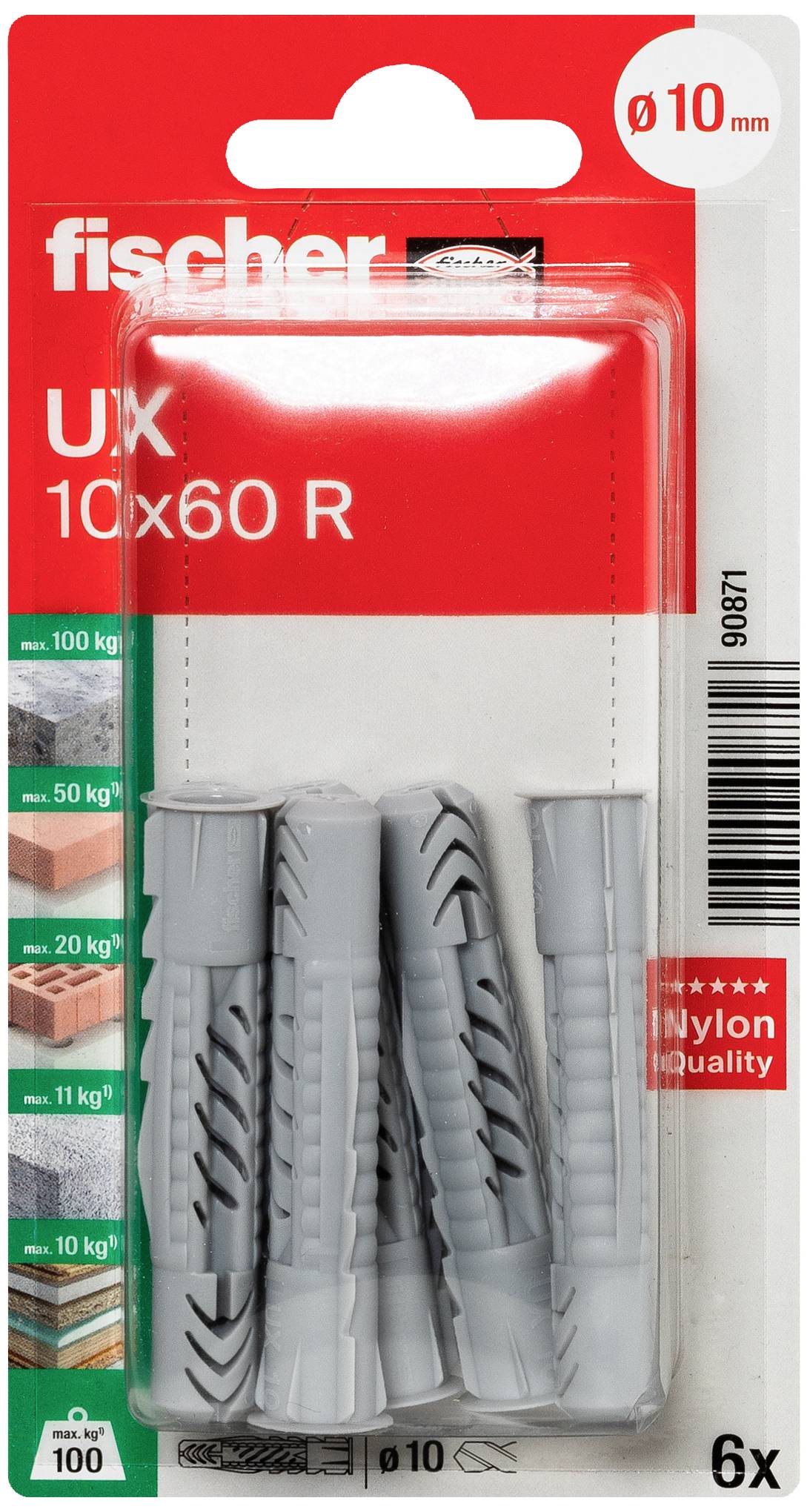 A pack of six grey Fischer nylon wall plugs, suitable for 10mm drill holes. Maximum load-bearing capacity: 100 kg.