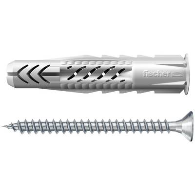 Two metal wall anchors are shown above a silver screw, illustrating a Fischer fastening system.<br>