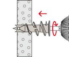 Drill screw penetrates plasterboard wall from left to right. A red arrow indicates the direction of rotation.