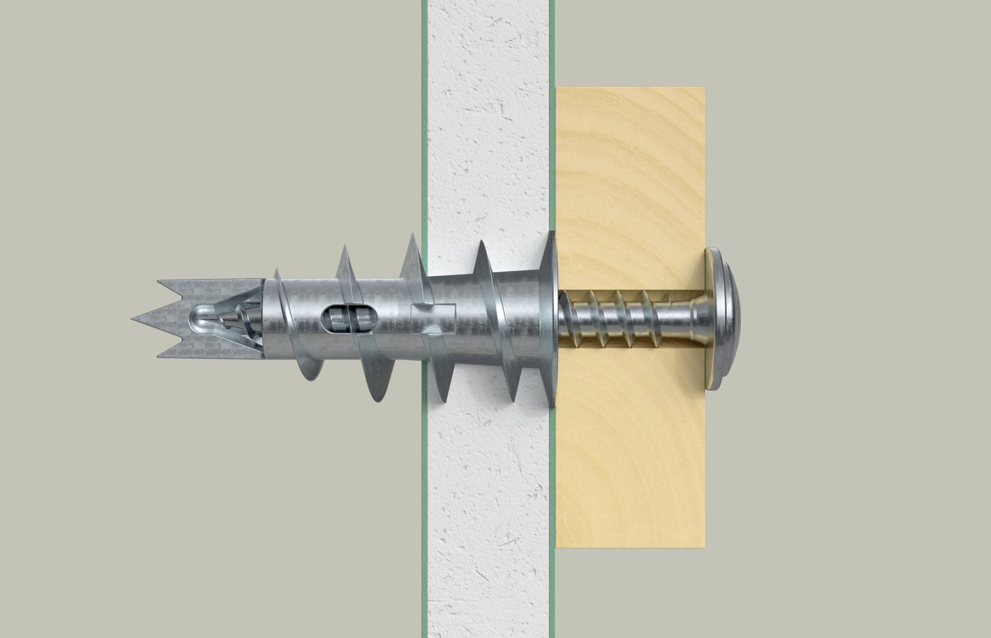 Metal screw in a wall anchor, drilling through a plasterboard wall to secure a wooden board.