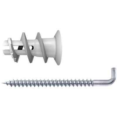 A wall plug and screw combination: a grey plastic wall plug and a metallic screw with a hook, lying side by side.