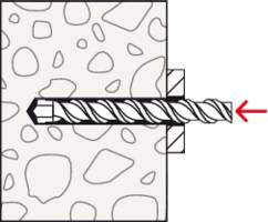 A drill penetrates from the right into a wall made of patterned material. A red arrow indicates the drilling movement.