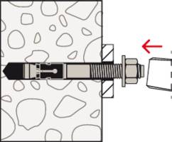 Illustration of a bolt anchor in a concrete wall. An arrow shows how the nut is tightened to secure the anchor.