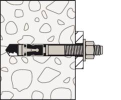 Figure of a heavy-duty wall plug inserted into a wall. The plug demonstrates its anchoring in the masonry with thread and nut.