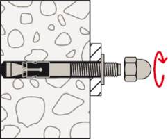 Illustration of a wall plug mechanism secured with a screw. A red arrow indicates the direction of rotation.