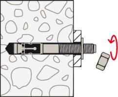 Illustration of an anchor in a wall. A screw nut is being turned to secure or release the anchor in the wall material.