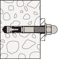 'Illustration of a wall plug in a wall, showing the anchoring and fixing in the building material, screw cross-sectioned.'