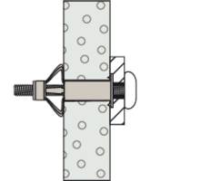 Illustration of a wall anchor fixed in a dotted wall. The anchor consists of a screw and a metal sleeve.