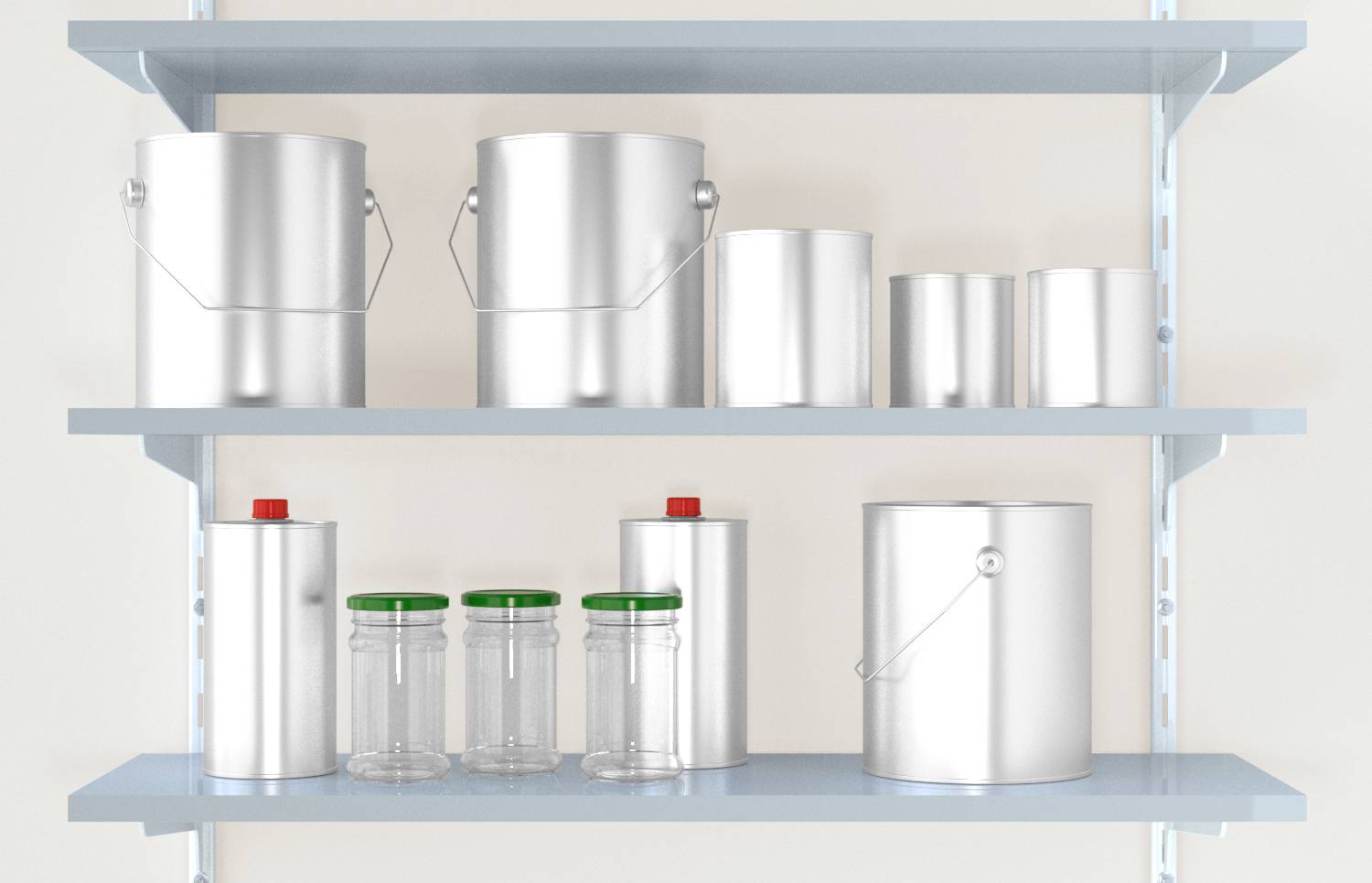 Two shelves with various silver paint tins, several transparent jars with green lids, and a large container with a red lid.