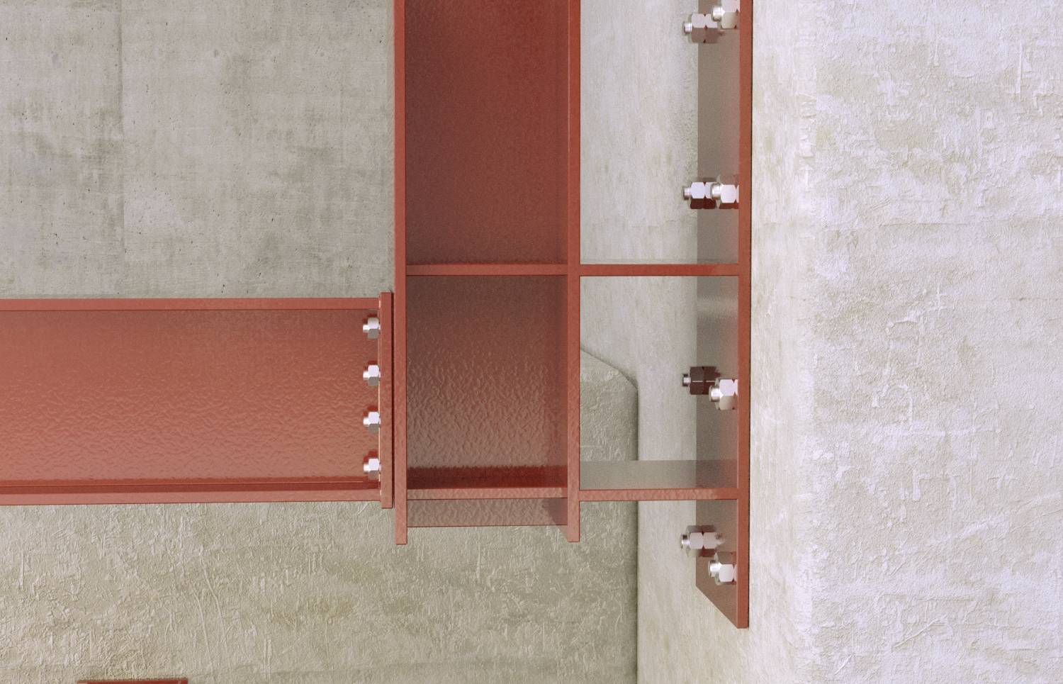 Steel beam construction with red metal profiles mounted on a concrete wall, multiple bolts connecting the elements; left profile horizontal, right elements vertical.
