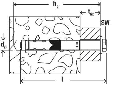 Technical drawing of a wall plug. Labels show dimensions: d_0, h_2, t_fix, l, and SW. Illustrates installation.