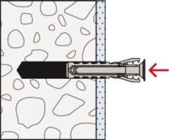 Cross-sectional diagram of a wall with a wall plug inserted. A red arrow indicates the direction of insertion.