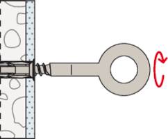 A screw eye, mounted on the left side of a wall, indicates the direction of tightening with a red arrow.