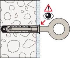 Stone wall with bolt anchor and eye nut, cross-sectioned. Warning notices: Caution symbol and eye next to it.