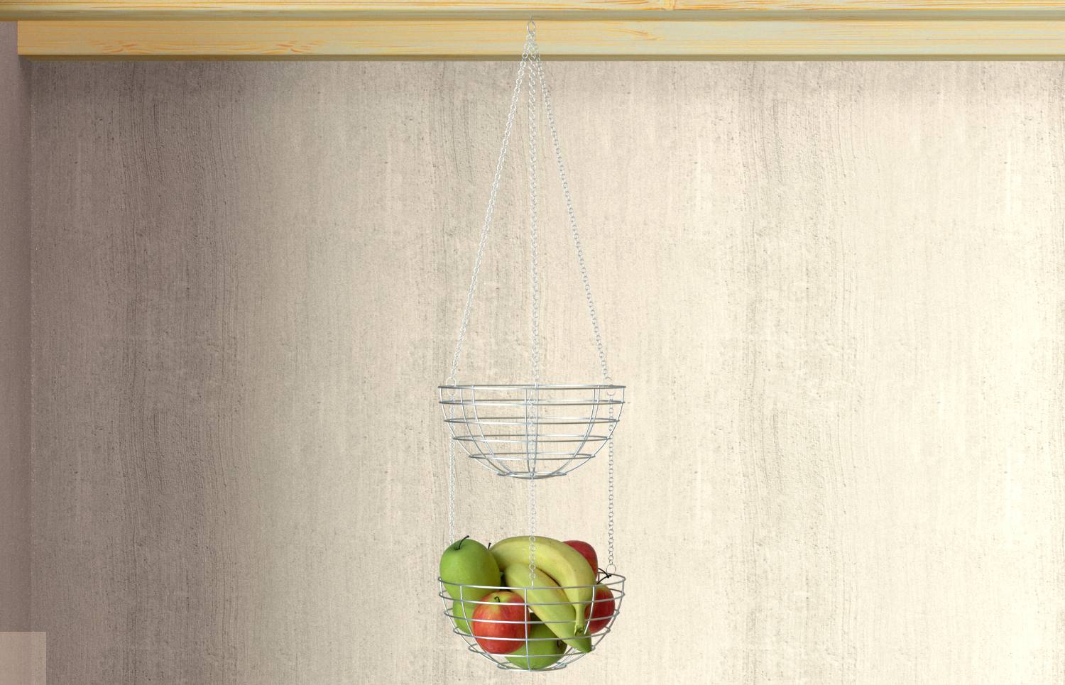 Two metal baskets, suspended from a chain; the lower basket contains green and red apples.