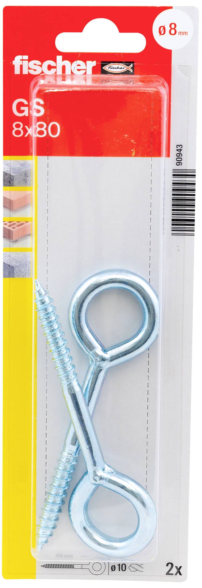 'Fischer GS 8x30' Screw Set in Blister Packaging. Two Metal Eyebolt Screws Visible. Suitable for Heavy Loads up to 10 kg.