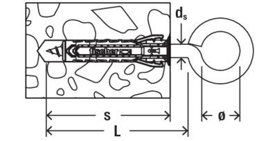 'Technical drawing of a dowel with an eyebolt installed in a wall. Labelled with dimensions L, s, ø and d_s.'