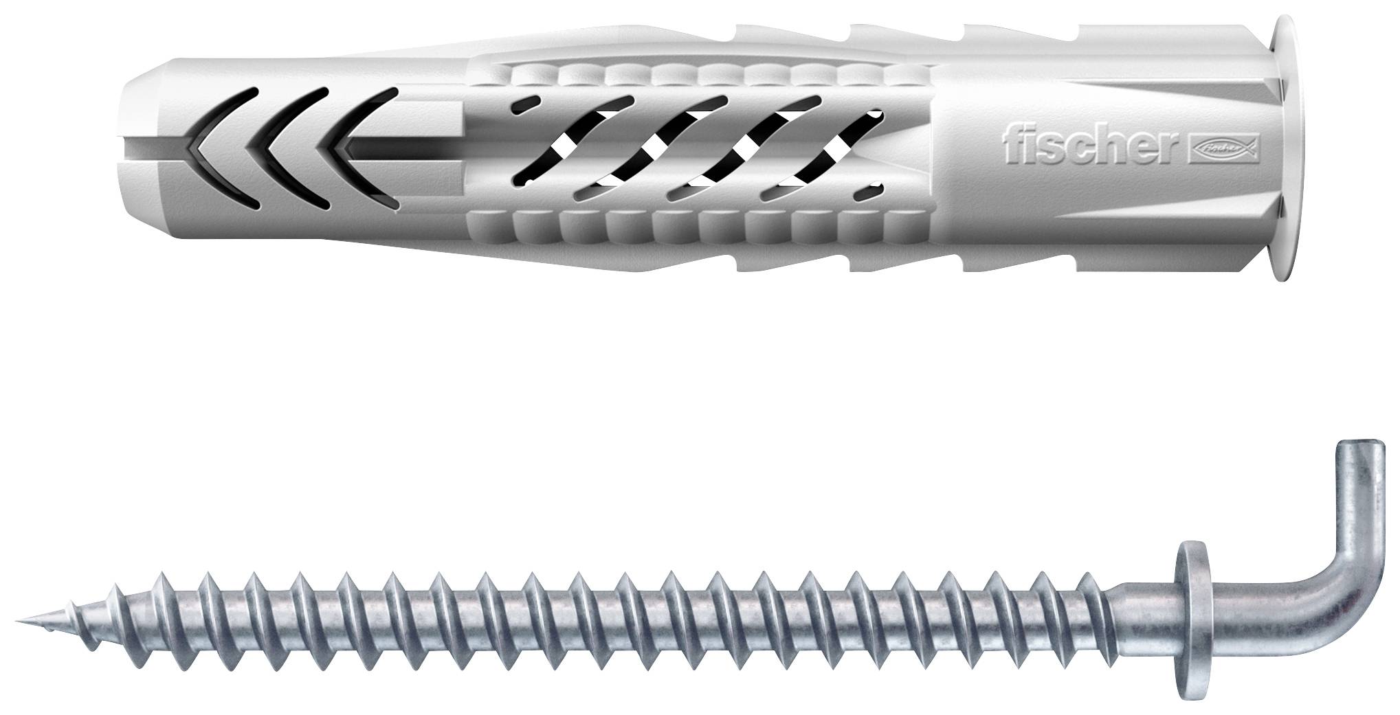 A Fischer plastic wall plug and a metal screw hook are lying side by side. Suitable for mounting in walls.