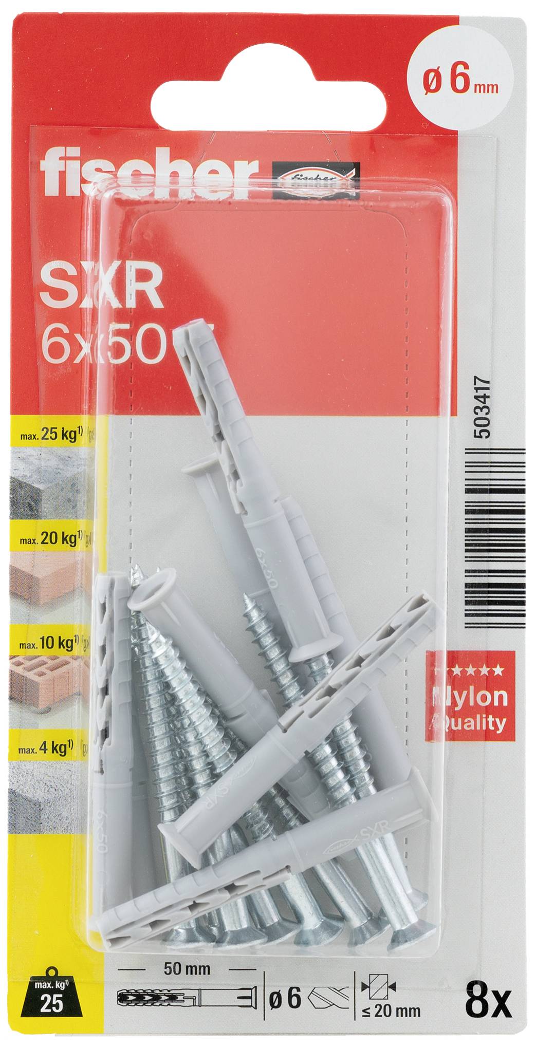Pack of Fischer SXR 6x50 universal wall plugs and screws, suitable for various materials, max. load capacity 25 kg. Contents: 8 pieces.