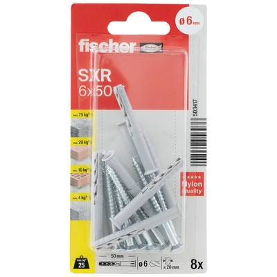Pack of Fischer SXR 6x50 universal wall plugs and screws, suitable for various materials, max. load capacity 25 kg. Contents: 8 pieces.