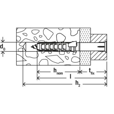 Technical drawing of a fastening element in concrete, showing dimensions with 'd0', 'hnom', 'tfix', 'l' and 'h2' for installation instructions.