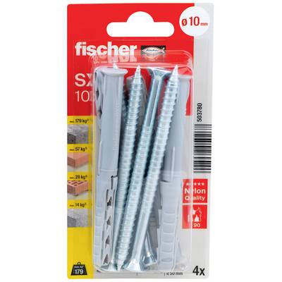 Pack of Fischer screws and wall plugs, size 'Ø 10 mm', suitable for various materials with weight capacities ranging from 14-179 kg.