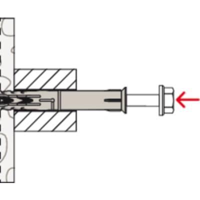 Illustration of a bolt with a spanner being inserted into a wall. A red arrow points to the nut being tightened.