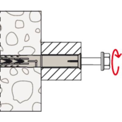 Cross-section of a wall with a wall plug. The wall plug is partially anchored in the wall, with a screwdriver tightening the screw.