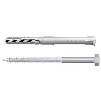 Two fixing elements: A grey plastic wall plug with black stripes at the top and a long metal screw underneath.