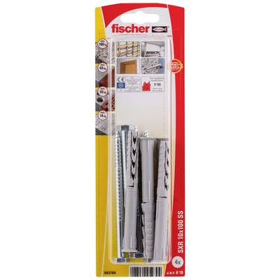Four grey Fischer wall plugs and matching screw pack, suitable for various building materials, with article number 'SXR 10x100 SS'.