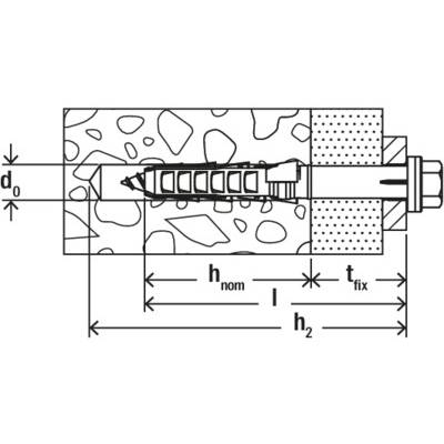 Technical drawing of a wall anchor in masonry. Dimensions: d0, hnom, tfix, l, h2. Shows masonry structure and fixing method.
