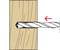 A drill bit enters a piece of wood from the right. A red arrow indicates the drill's rotational direction to the left.