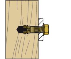 A screw with a washer and nut is screwed into a wooden board. The screw has a countersunk thread.