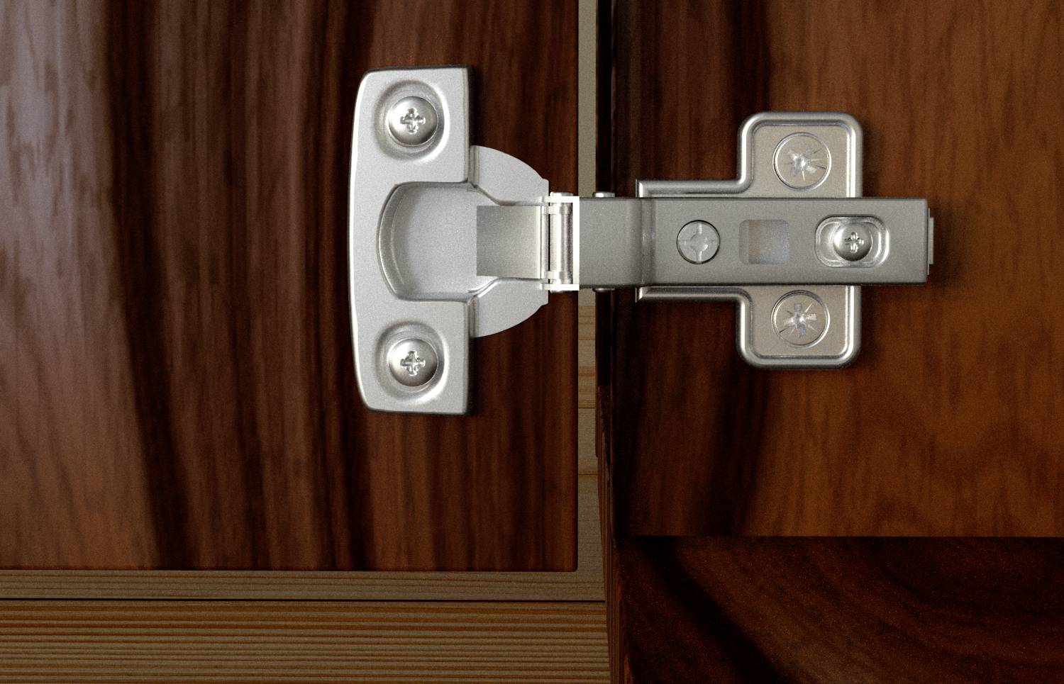 Close-up of a wooden door hinge, showing details of the metal connection between two pieces of wood.