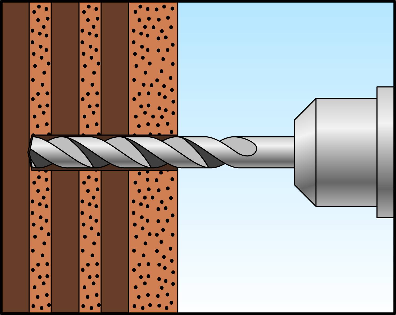 A drill penetrates a brick wall. On the left, the brown brick structure, on the right, the metallic drill head in action.