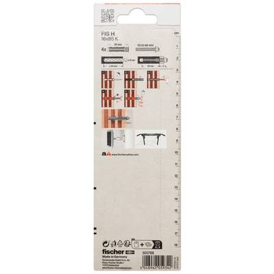 Packaging for Fischer FIFH 16x85 K anchor fasteners, showing installation diagrams, dimensions, and a quantity of 4 pieces.