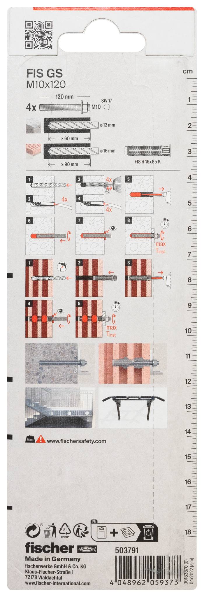 Packaging label for Fischer Master, showing FIS GS M10x120 fastener set with quantity 4x, illustrated installation steps, dimensions, and a vertical centimeter scale.