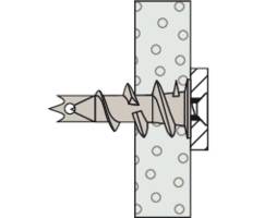 'Illustration of a wall plug showing a correctly installed screw fixing in plasterboard with a detailed view of the mechanism.'