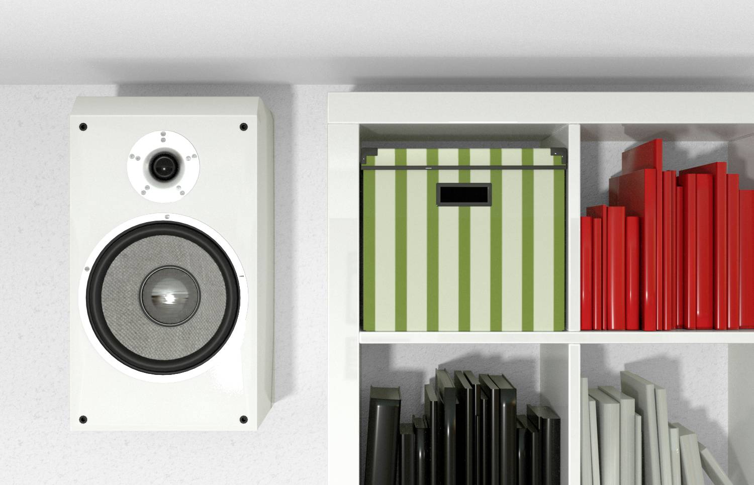 A white speaker hangs on the wall next to a bookshelf and a striped storage box.