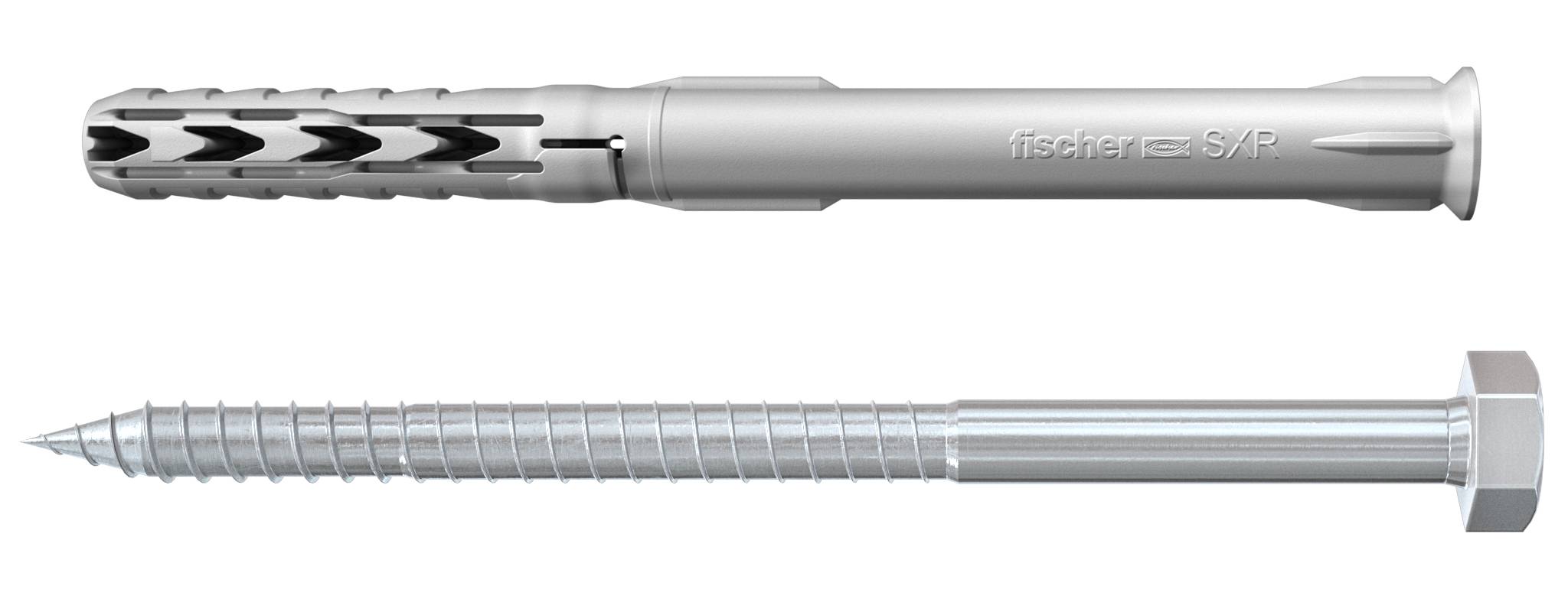 Two metal wall anchors shown side by side: a hollow silver sleeve anchor on top and a long threaded bolt with hex head below.