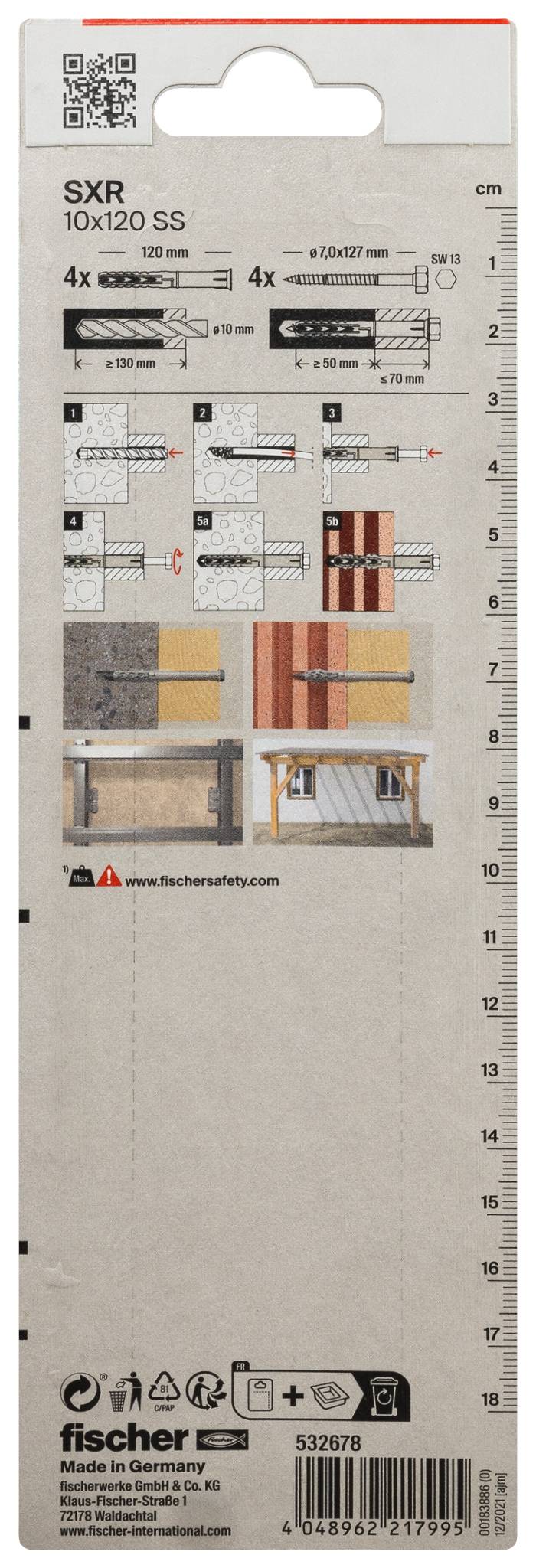 Packaging label for Fischer SXR 10x120 SS wall anchors, showing anchor size, installation illustrations, load/application examples, and barcode/branding.