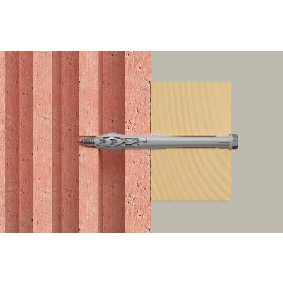 A screw anchor extends from a drywall into a red brick wall next to a wood stud, illustrating wall fastening.<br>