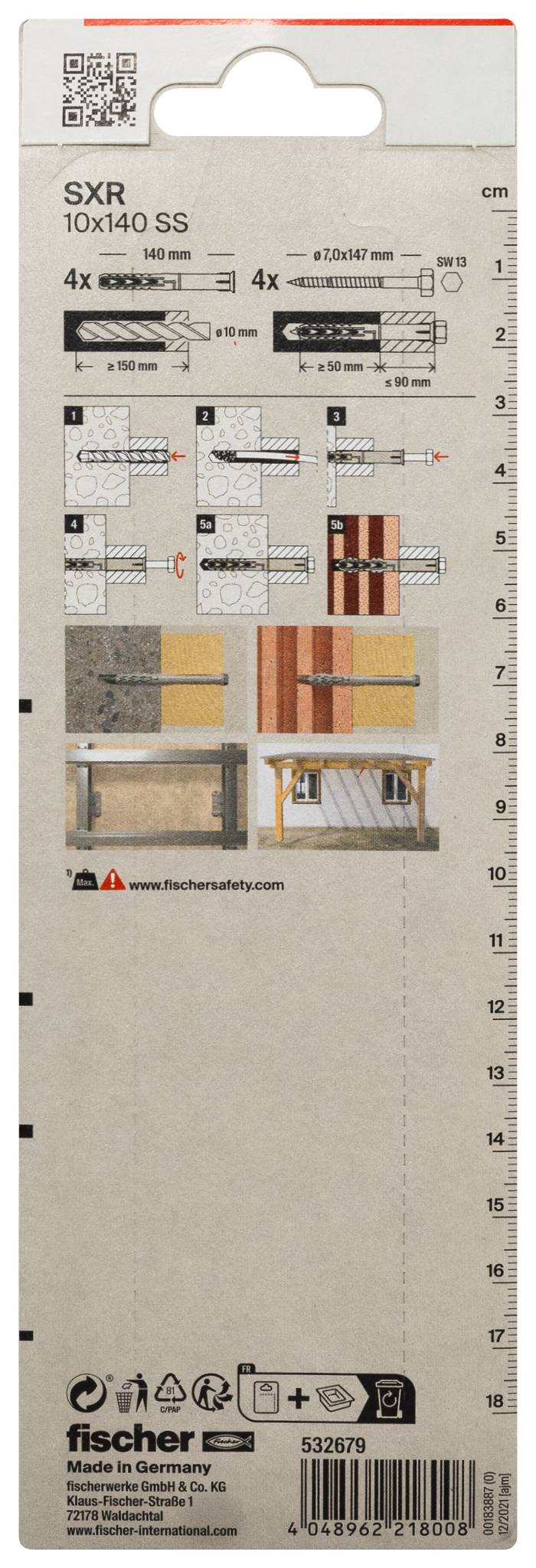Product package for fischer SXR 10x140 SS anchors, showing technical installation diagrams, dimensions, and barcode on a hanging box.