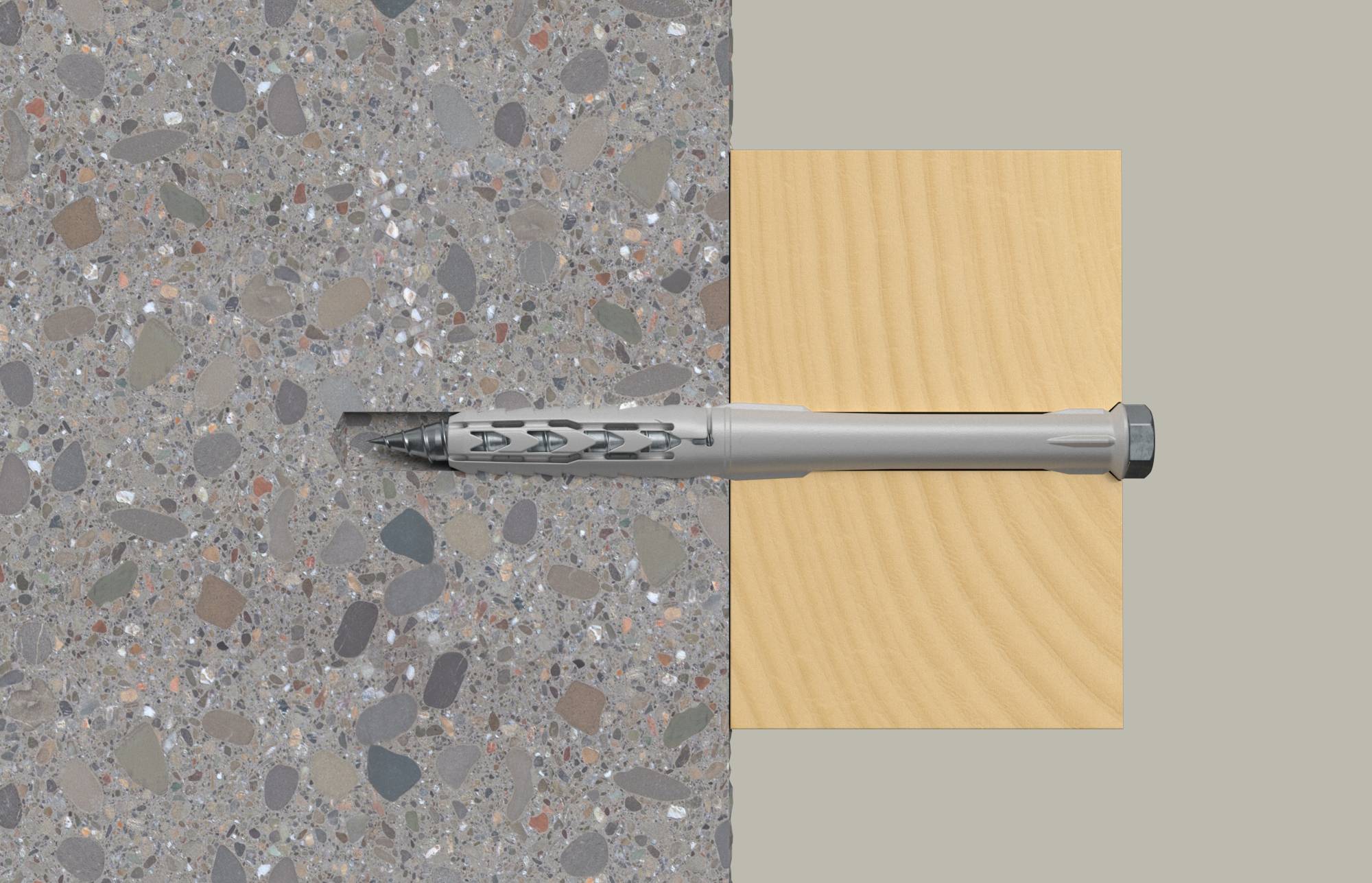 A pen-like tool is shown horizontally, partially embedded in a speckled concrete slab next to a light wood block on a plain gray background.