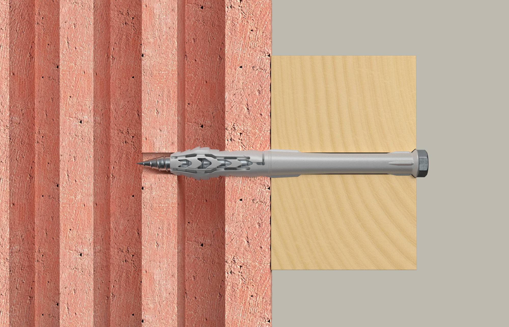 Screw anchored through a wooden block into a red brick wall, illustrating wall fastening<br>